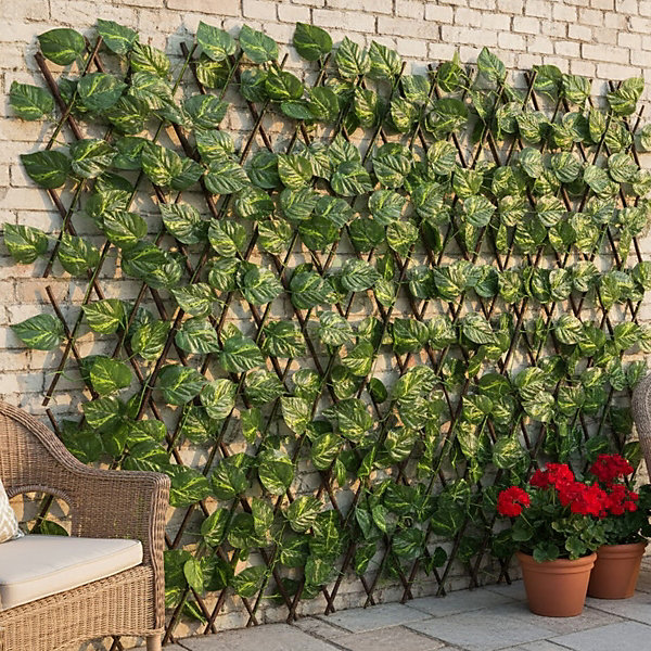 Lot de 2 Treillis Extensible en Bois Naturel avec des feuilles artificielles - Longueur 300 x Largeur 60 cm