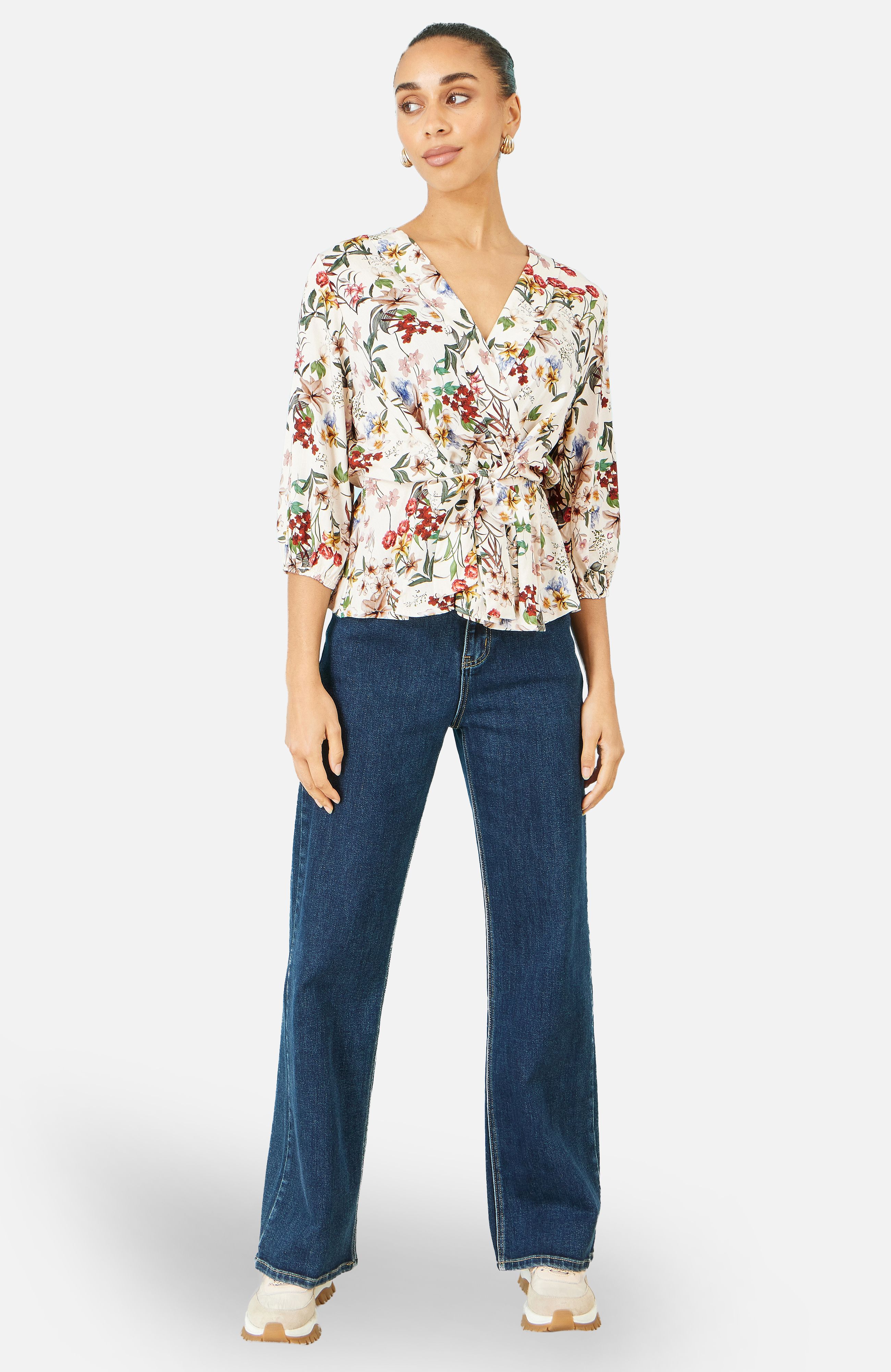 Yumi Ivory Viscose Botanical Print Wrap Top