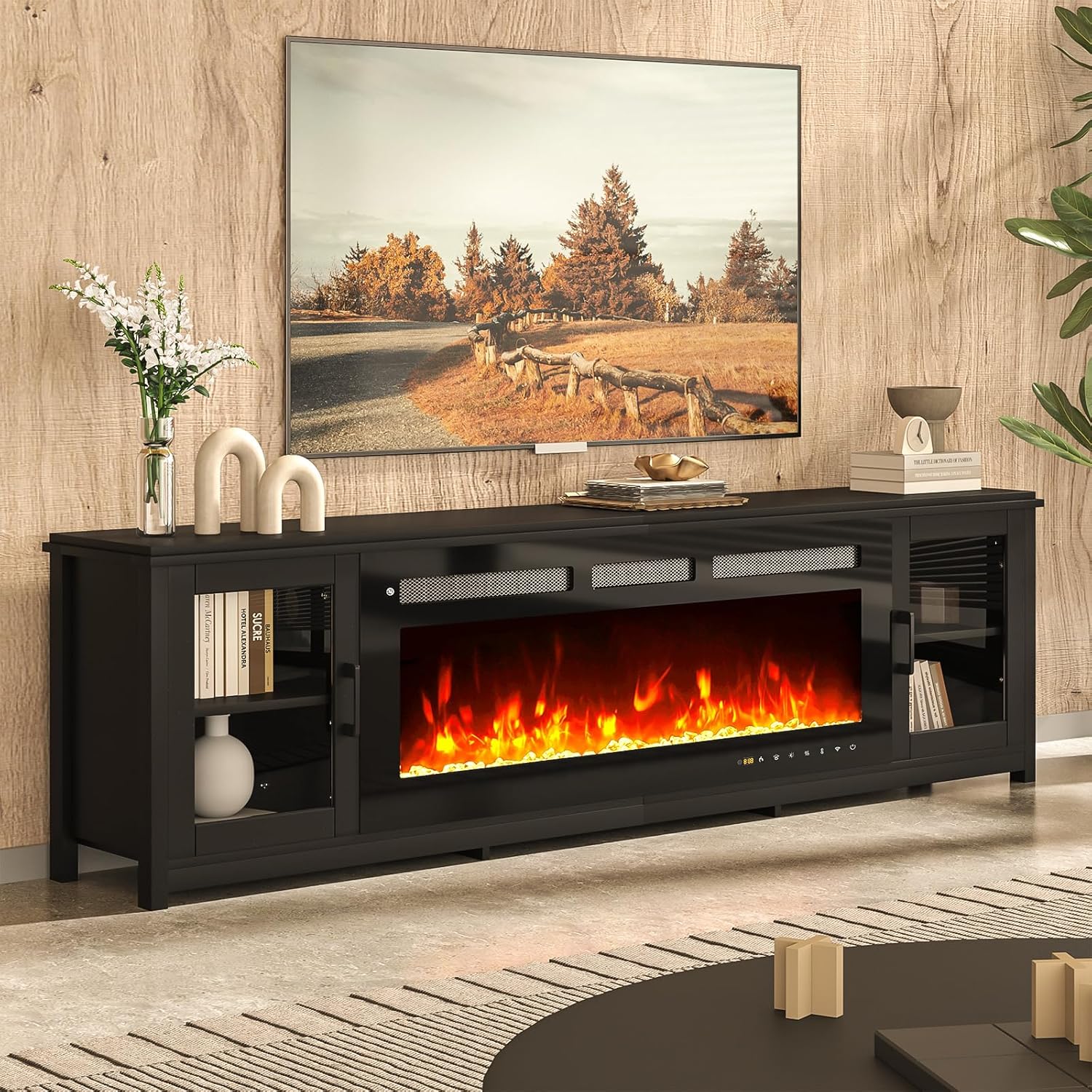 MXV 80 Fireplace TV Stand, Modern Entertainment Center with 50 Inch Smart Fireplace, Adjustable Shelf & Glass Door, Fire Place with WI-FI Enabled, TV Console for Living Room, Black