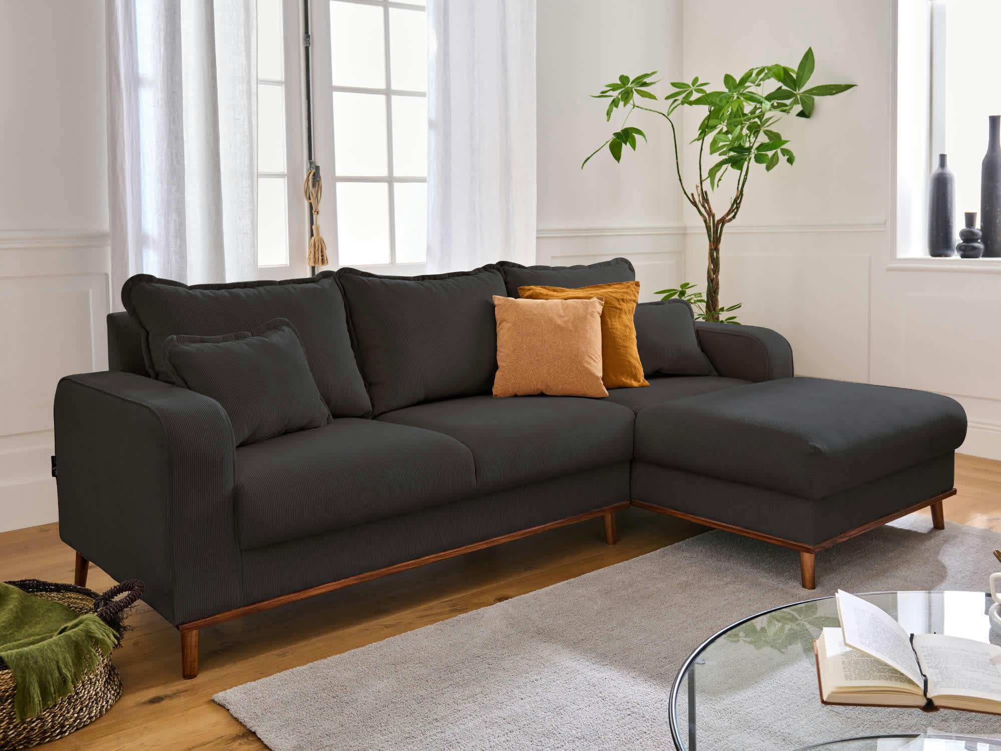 BILLIE - Canapé d'angle droit 4 places en velours côtelé gris foncé