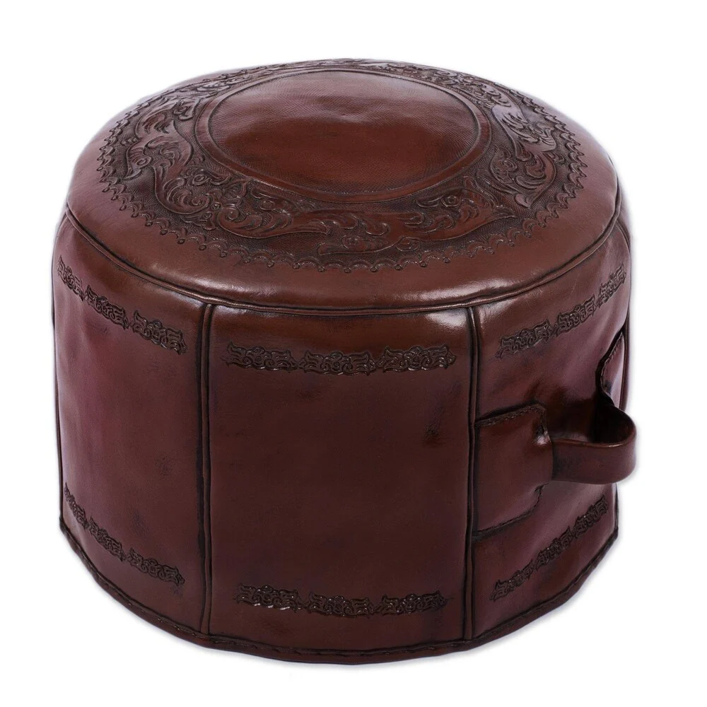 Handmade Spanish Elegance Tooled Leather Ottoman Pouf (Peru)