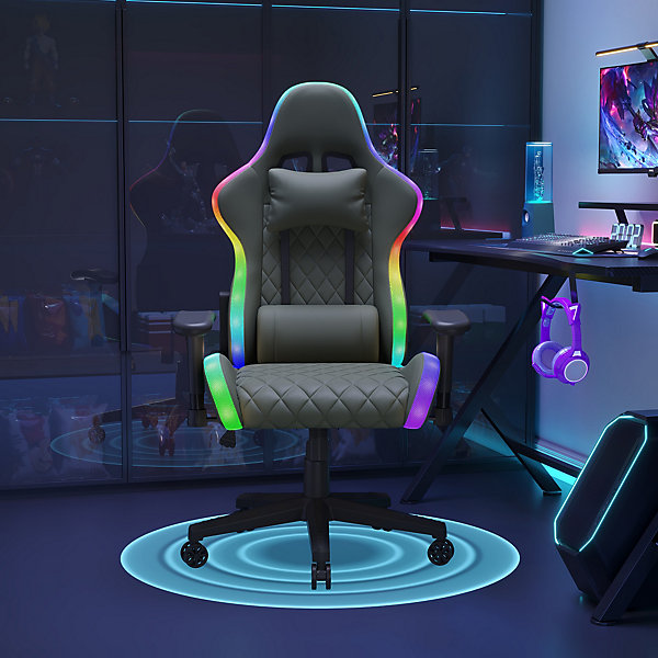 Chaise Gaming/Bureau LED RGB avec Massage Lombaire, Dossier Inclinable, Accoudoirs 2D, Pour Ados &Adultes