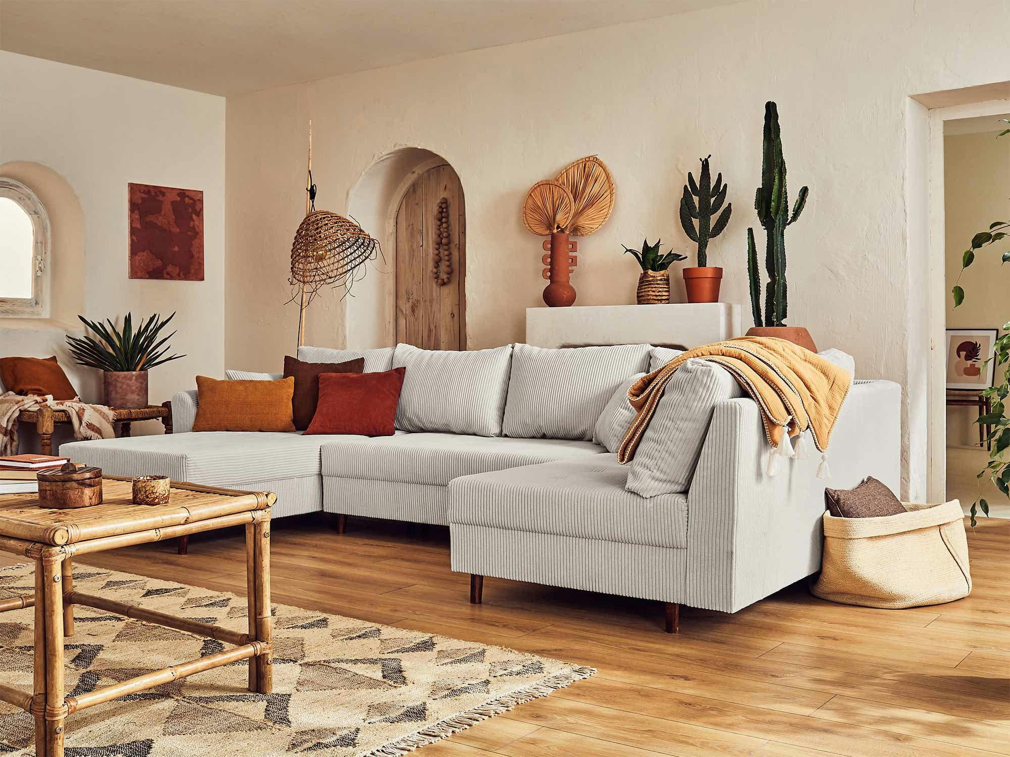 RUNE - Canapé d'angle droit 7 places en velours côtelé gris clair