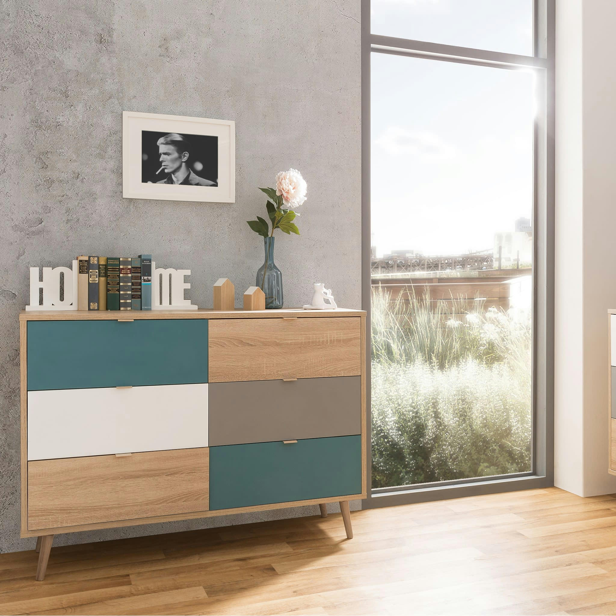 - Commode scandinave 3 tiroirs 1 porte bois naturel