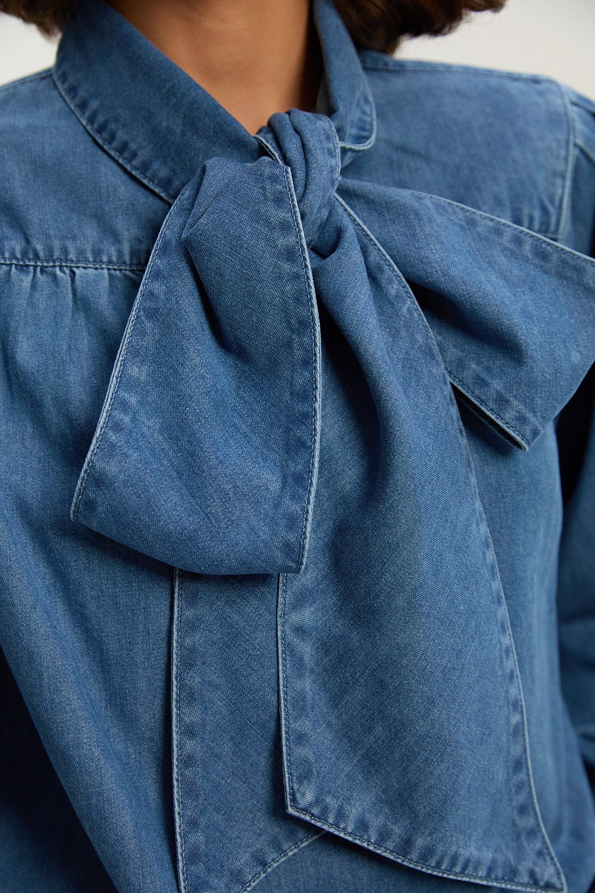 KarenMillen Denim Pussybow Blouse