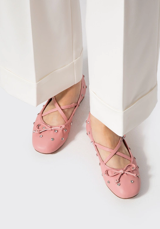 Damskie baleriny z ekoskóry w kryształki różowe