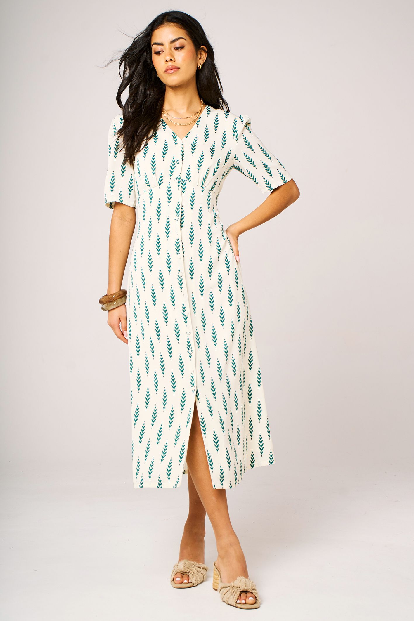 FS Collection Botanical Leaf Print Button-Front Midi Short Sleeves DressIn Off White