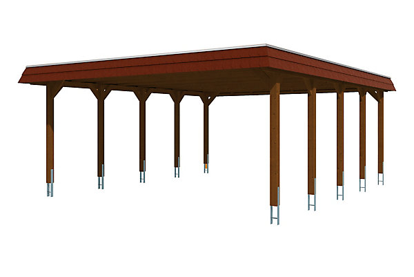 Carport SKAN HOLZ Spreewald 585x741cm, planches de toit et EPDM, bandeau rouge, bois résineux imprégné, traitement coloré noyer