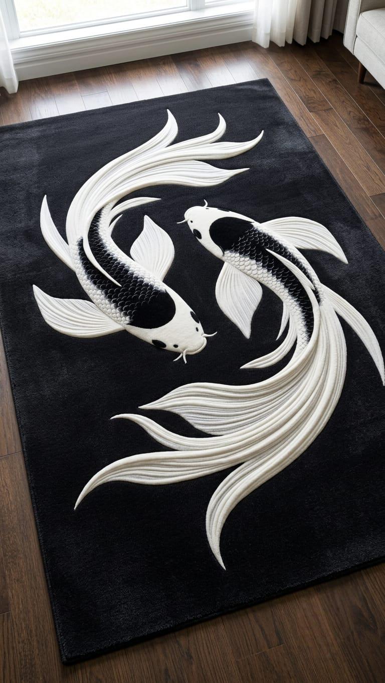 Black and White Koi Fish Rug, Hand Tufted Wool Japanese Zen Area Carpet, For Living Room 5x7 6x9 8x10 12x14