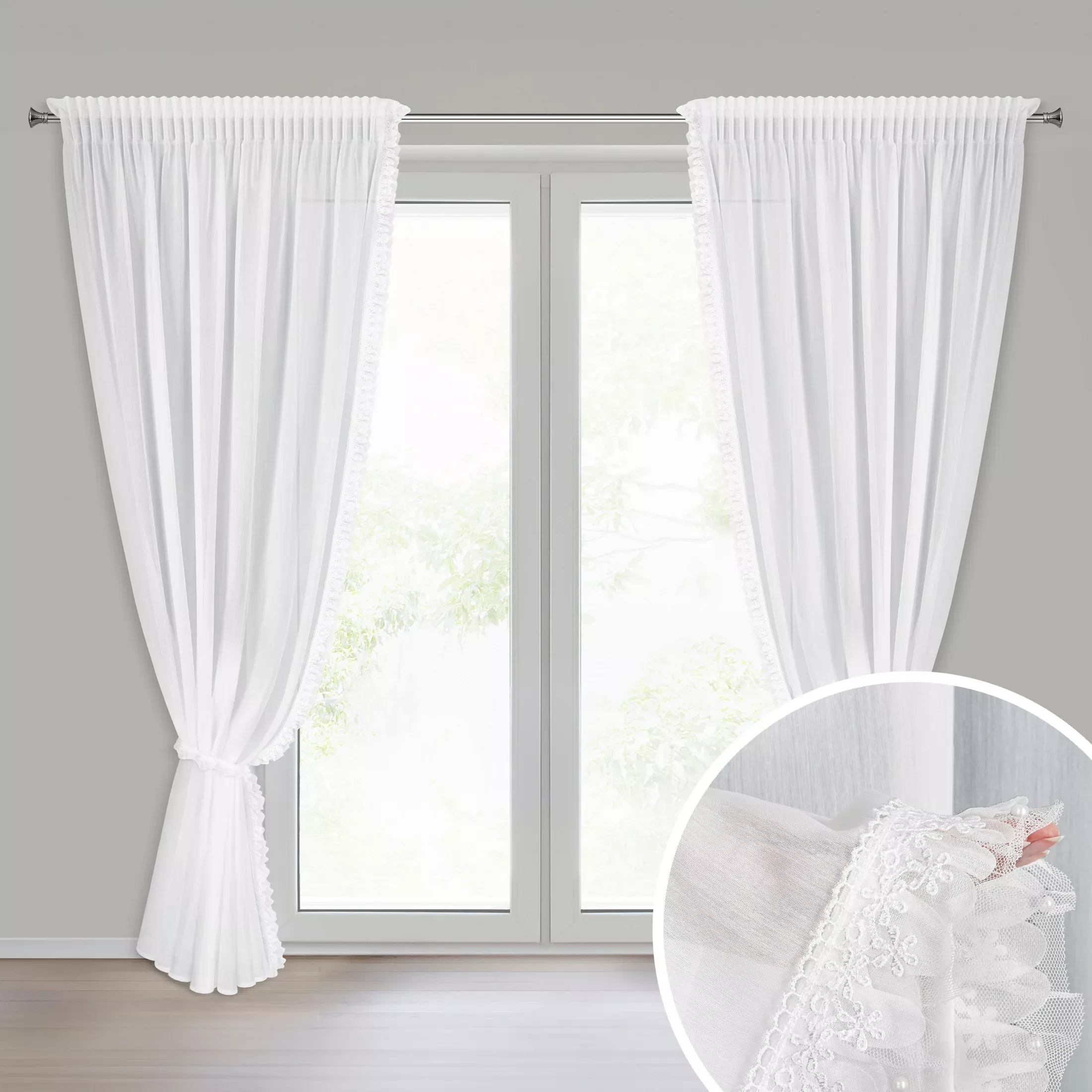 Komplet firan białych zdobionych aplikacją z gipiurą z perełkami 140x270 cm taśma troczek ELENA