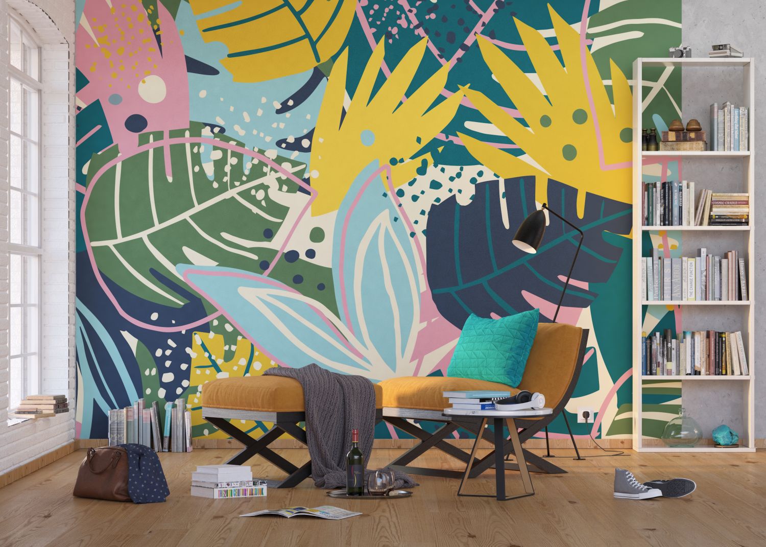 Sanders & Sanders fotobehang bladeren blauw, groen en geel - 375 x 270 cm - 600991