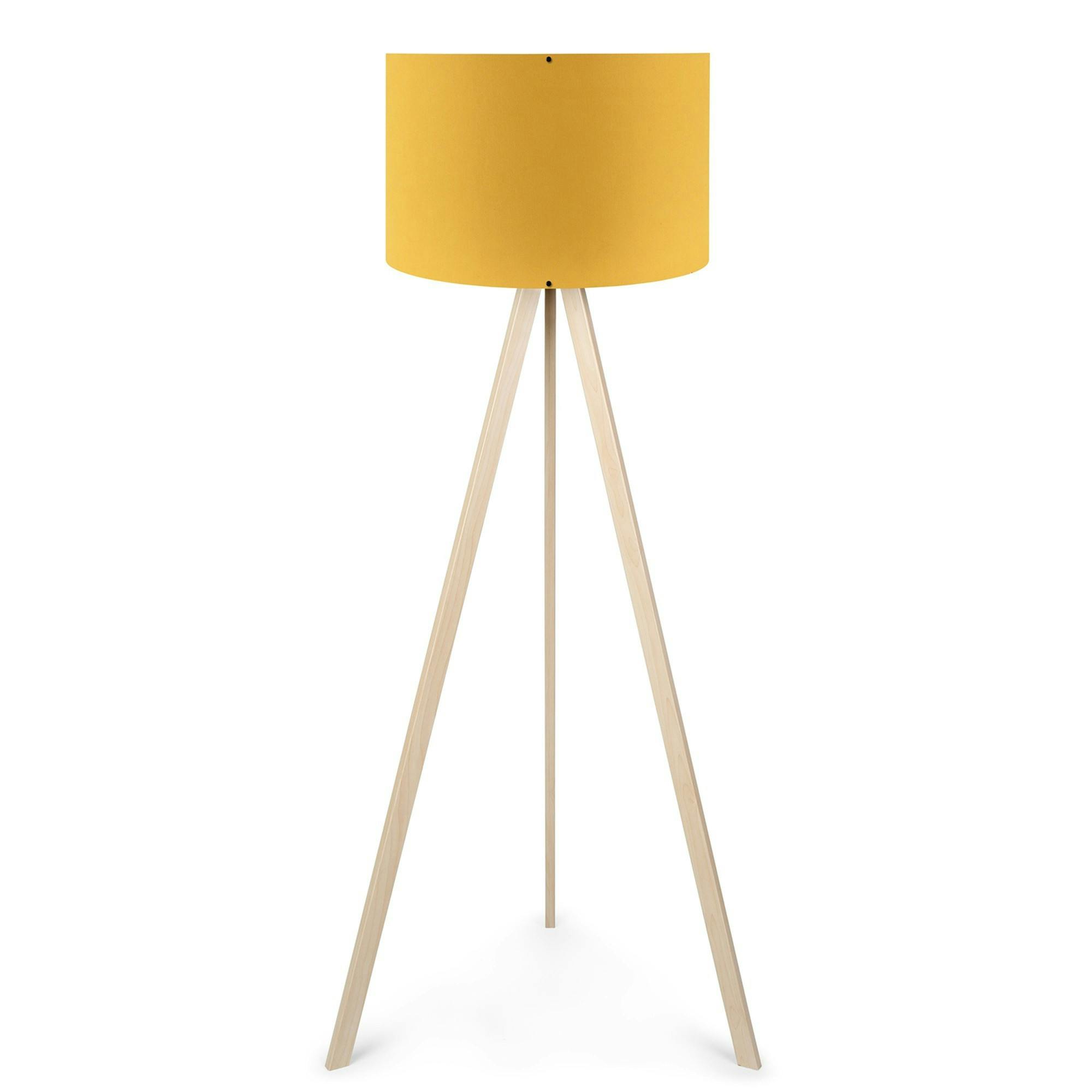 Lampadaire trépied effet bois clair, abat-jour jaune KILIS