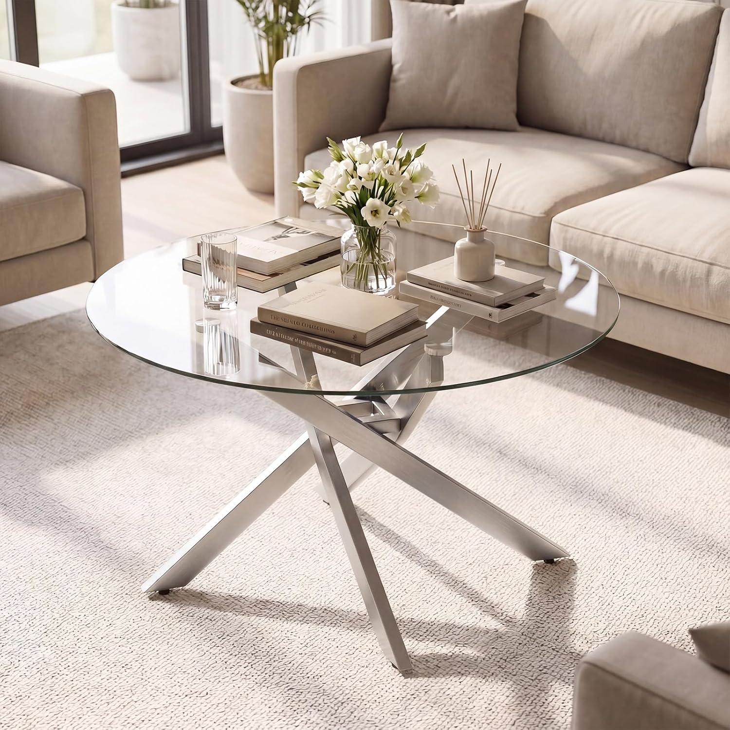 Giantex Round Glass Coffee Table, 31.5 Modern Center Table with Tempered Glass Top & Geometric Metal Frame, Clear Accent Cocktail Table, Small Coffee Table for Living Room, Small Spaces (Silver)