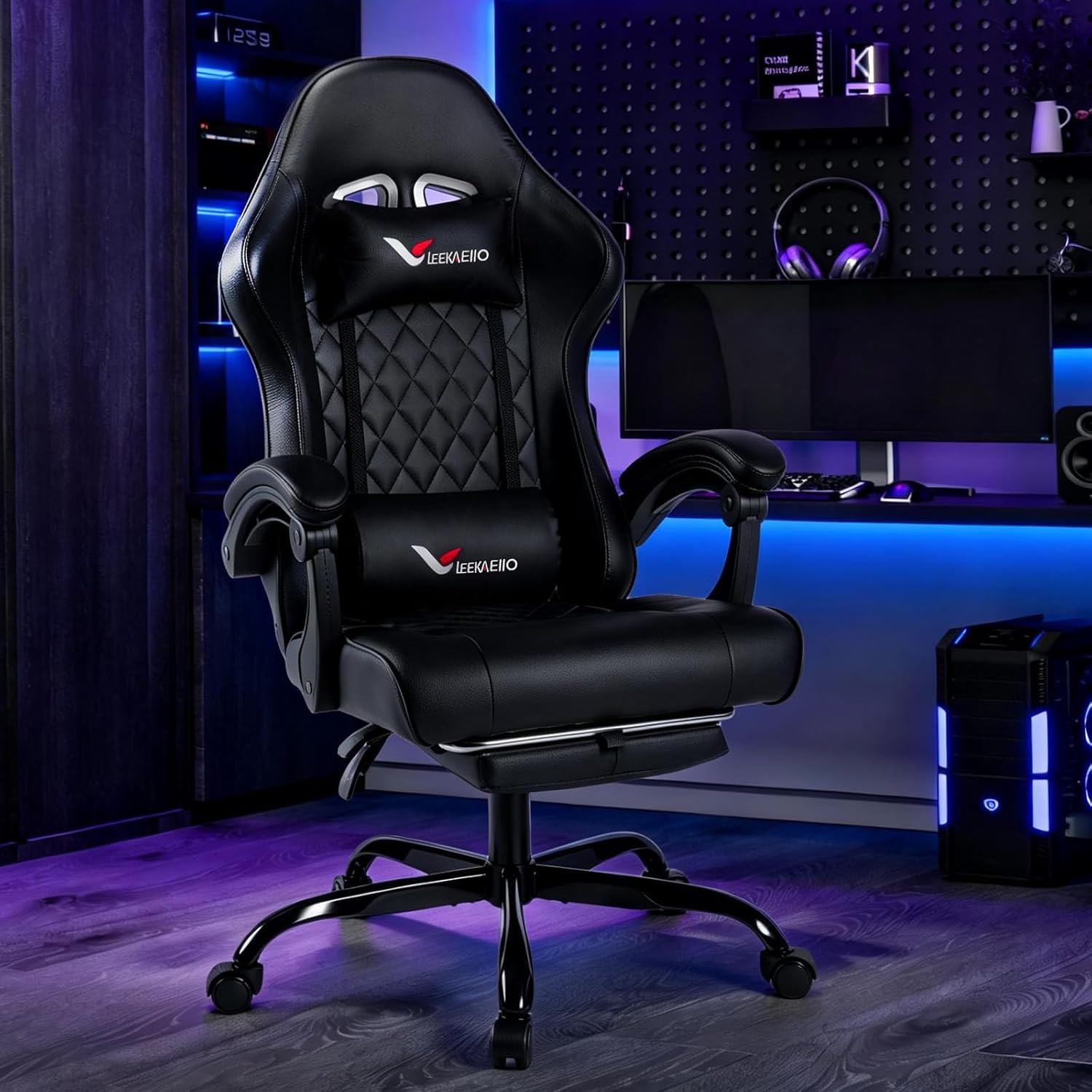 Gaming Chair for Adults, Computer Chair with Footrest and Pocket Spring Cushion,Comfortable Ergonomic Video Game Chair with Lumbar Support and Headrest for Office Home (Black)