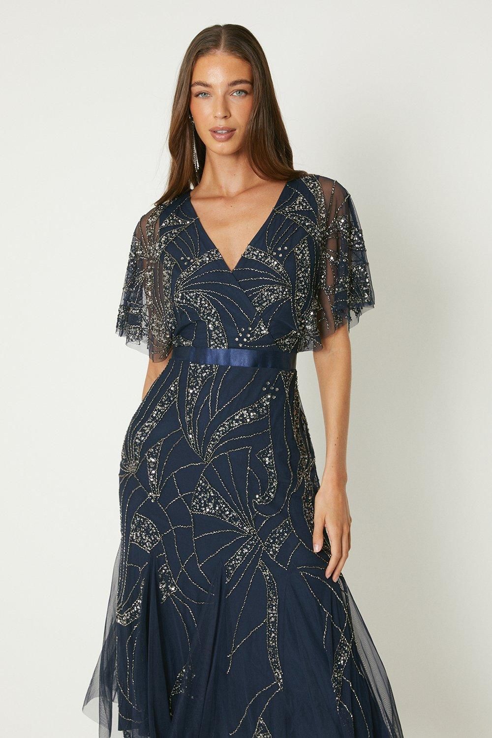Coast Beaded Mesh Midi Dress With Flutter Sleeve