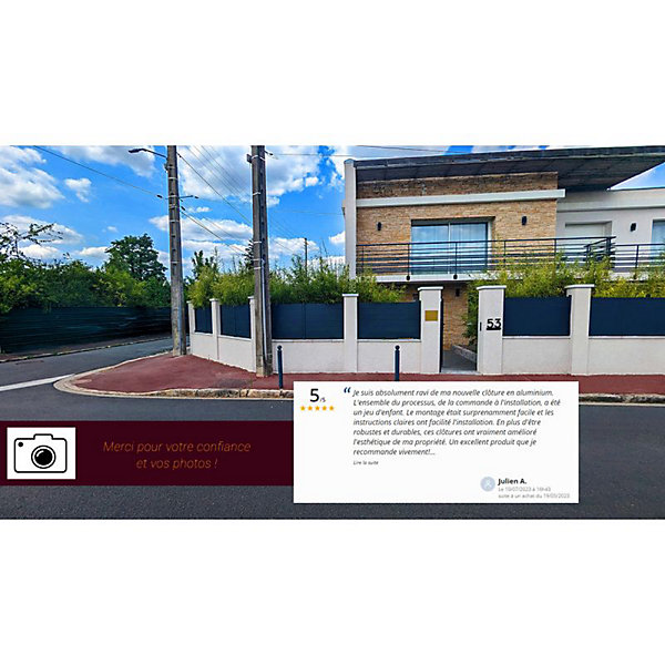Clôture aluminium panneau plein (Blanc brillant - Longueur 1.911 x Hauteur 1.115 m - 7 lames)