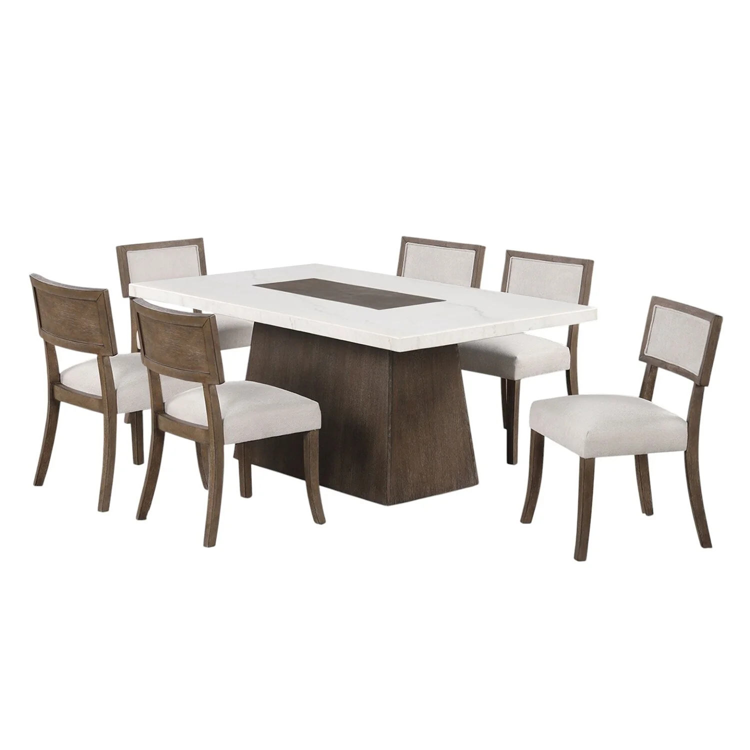 Rectangular Dining Set with Faux Marble Table Top in Dark Walnut and Light Gray