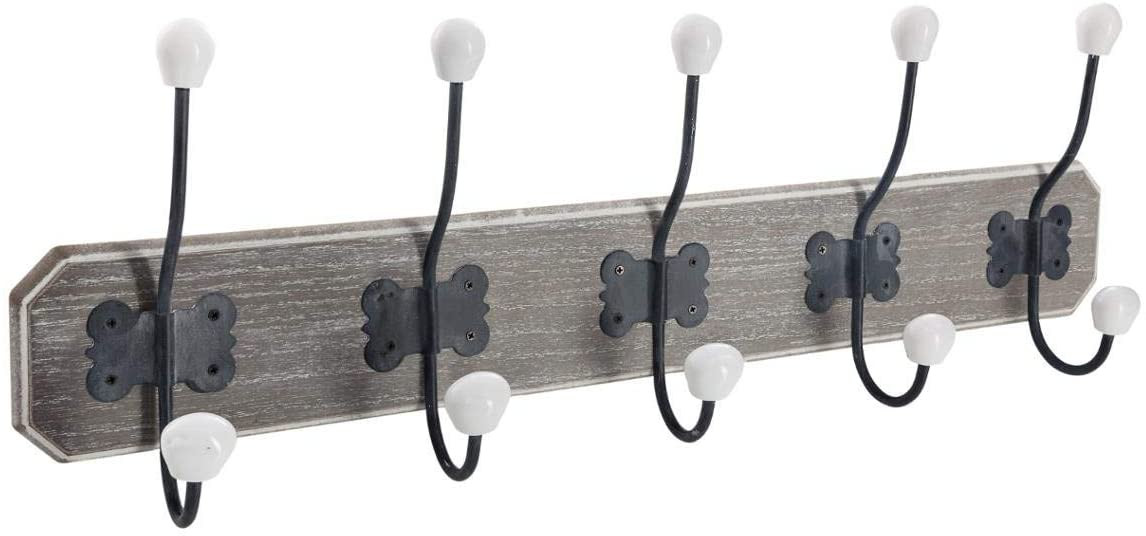 Wieszak ścienny z 5 metalowymi haczykami, MDF, jasne drewno