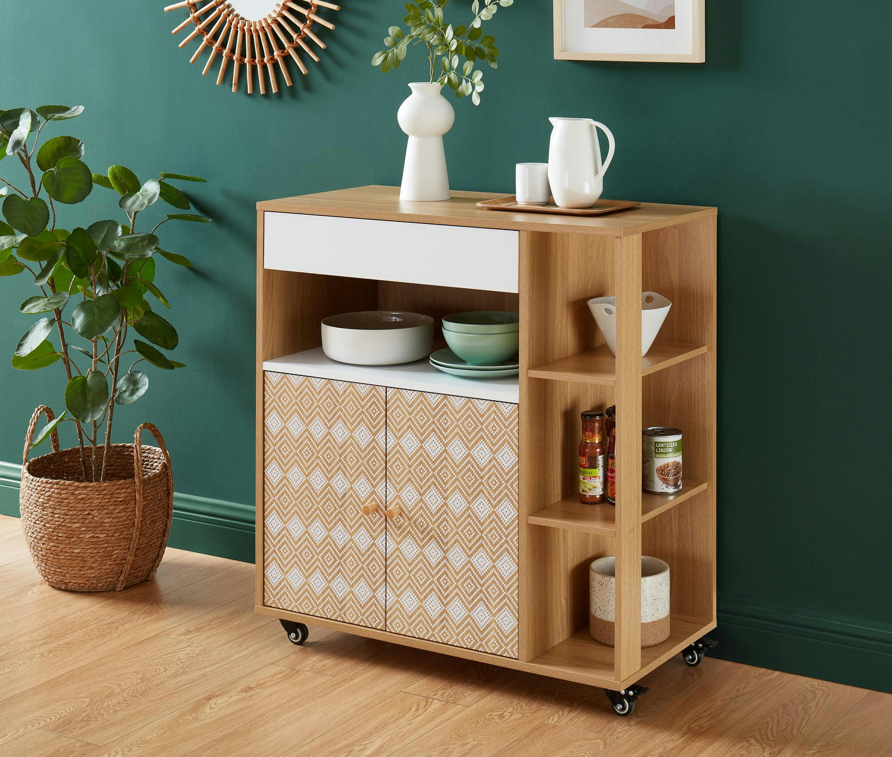 LEIKA - Desserte de cuisine   effet chêne et motifs blancs  80cm à