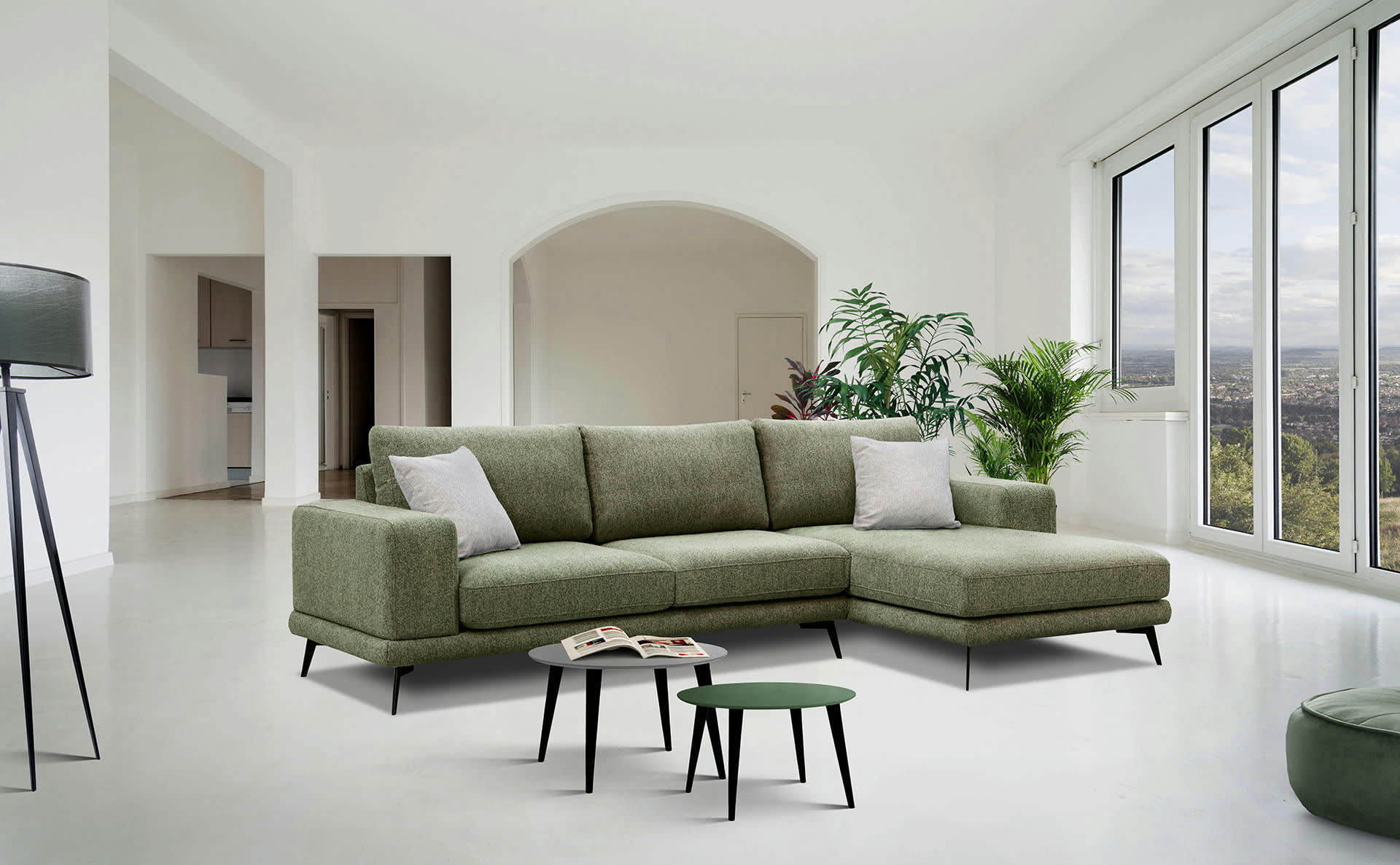 MEDIOLANE - Canapé d'angle droit 4 places tissu vert