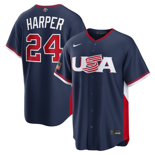 Men's USA Baseball Bryce Harper Nike 2026 World Baseball Classic Road Stadium Jersey - Navy/White