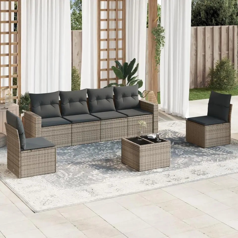 vidaXL Loungeset met kussens en tuintafel - Grijs - Poly Rattan - 7 stuks