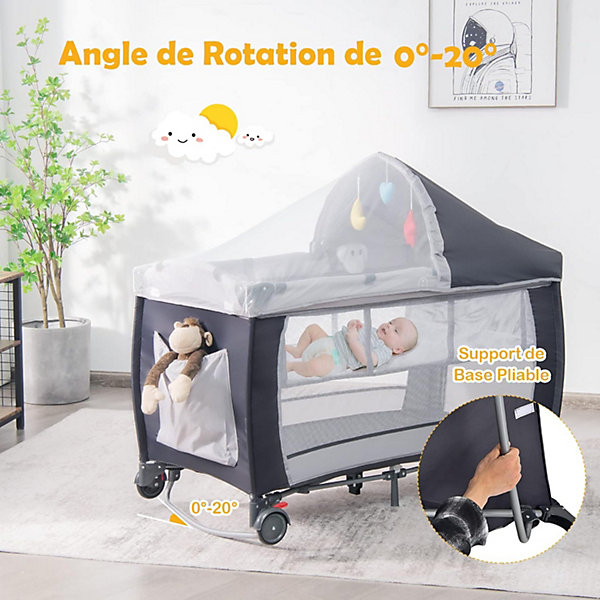 Lit Bébé,Berceau Cododo Bébé avec Moustiquaire, Lit d'Enfant Pliant avec Table à Langer, 124x65x121CM Gris
