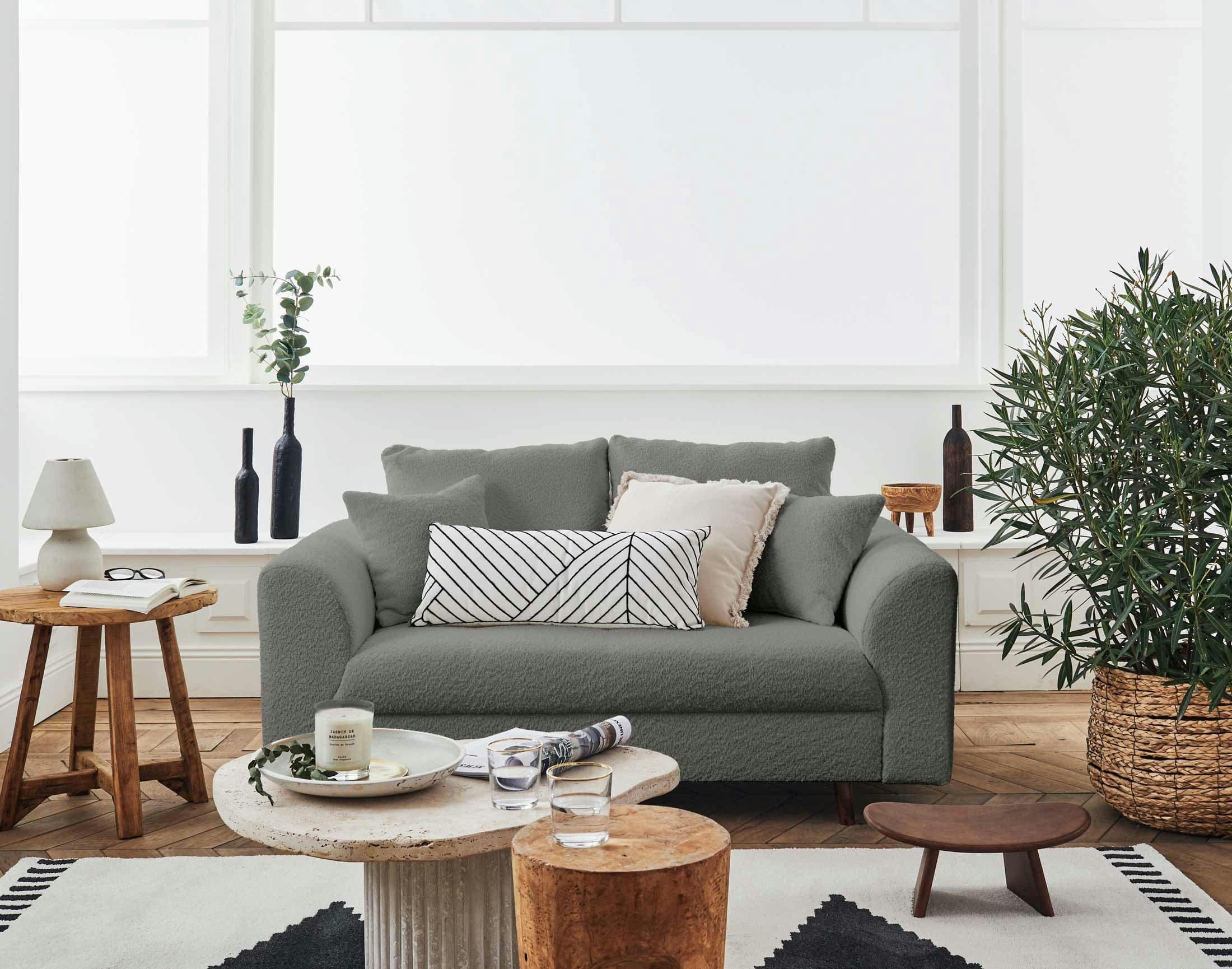 RUNE - Canapé droit 2 places en tissu bouclette gris