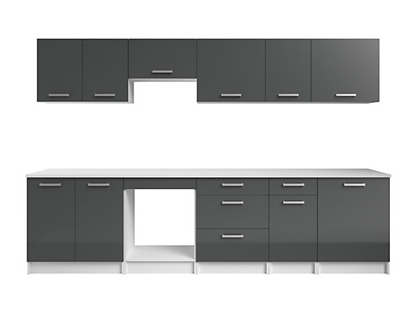 Cuisine complète - Avec plan de travail 300 cm - Gris brillant et Blanc - TRATTORIA