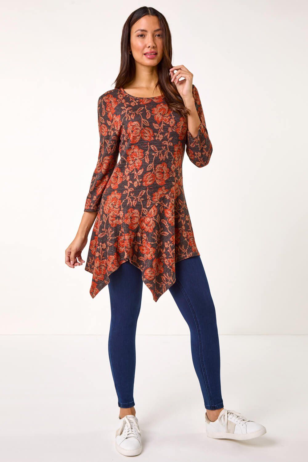 Roman Floral Print Hanky Hem Tunic Top
