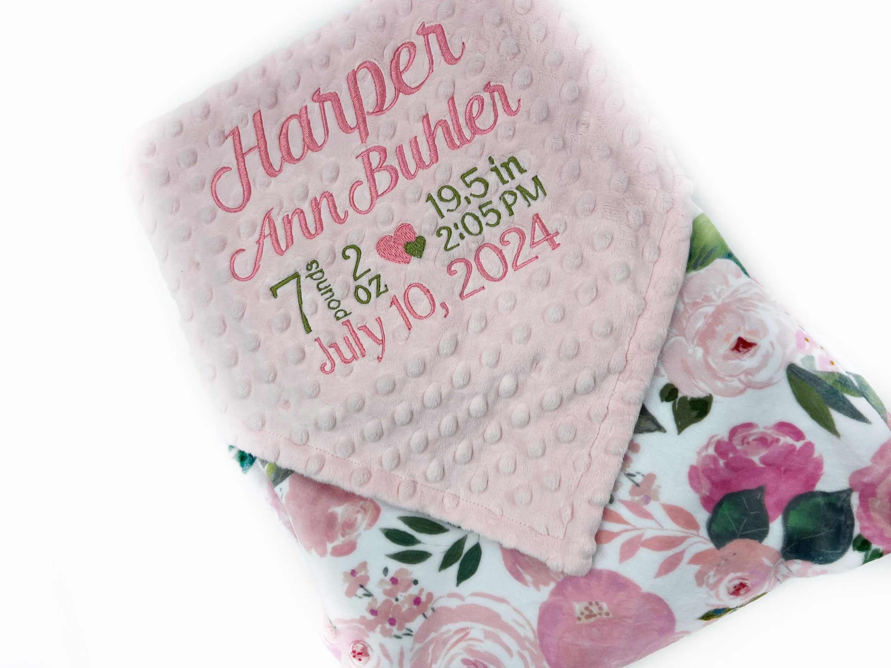 Personalized Blanket in Pink Floral Minky, Baby Girl Blanket with Embroidered Birth Stats