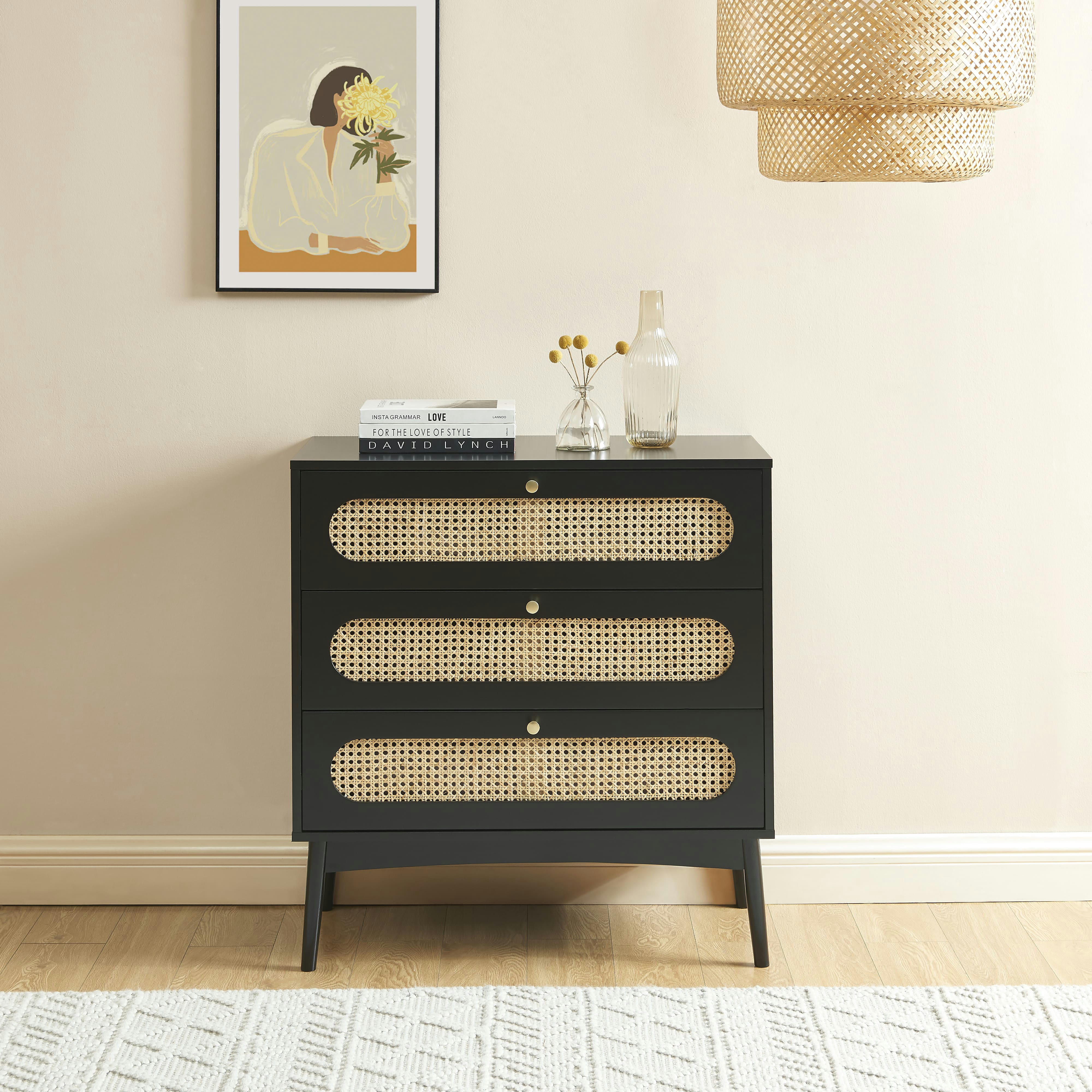 ANATOLE - Commode  noir et cannage rotin