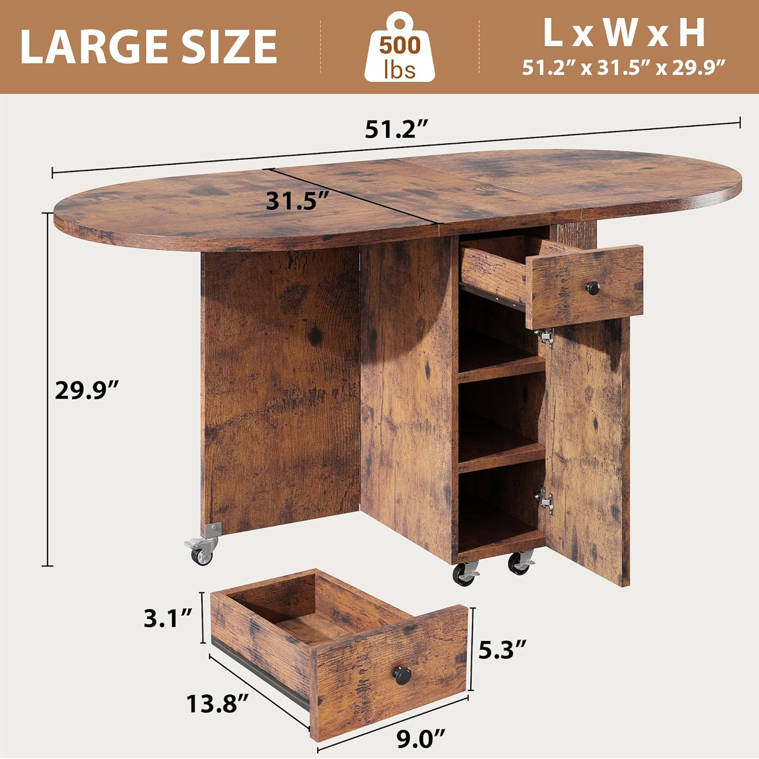 Jocoevol Round Folding Dining Table for 6, Space Saving Drop Leaf Kitchen Table with Storage Drawer, 6 Wheels Oval Gateleg Foldable Dining Table for Small Spaces (Vintage, 51 x 31.5 x 30)