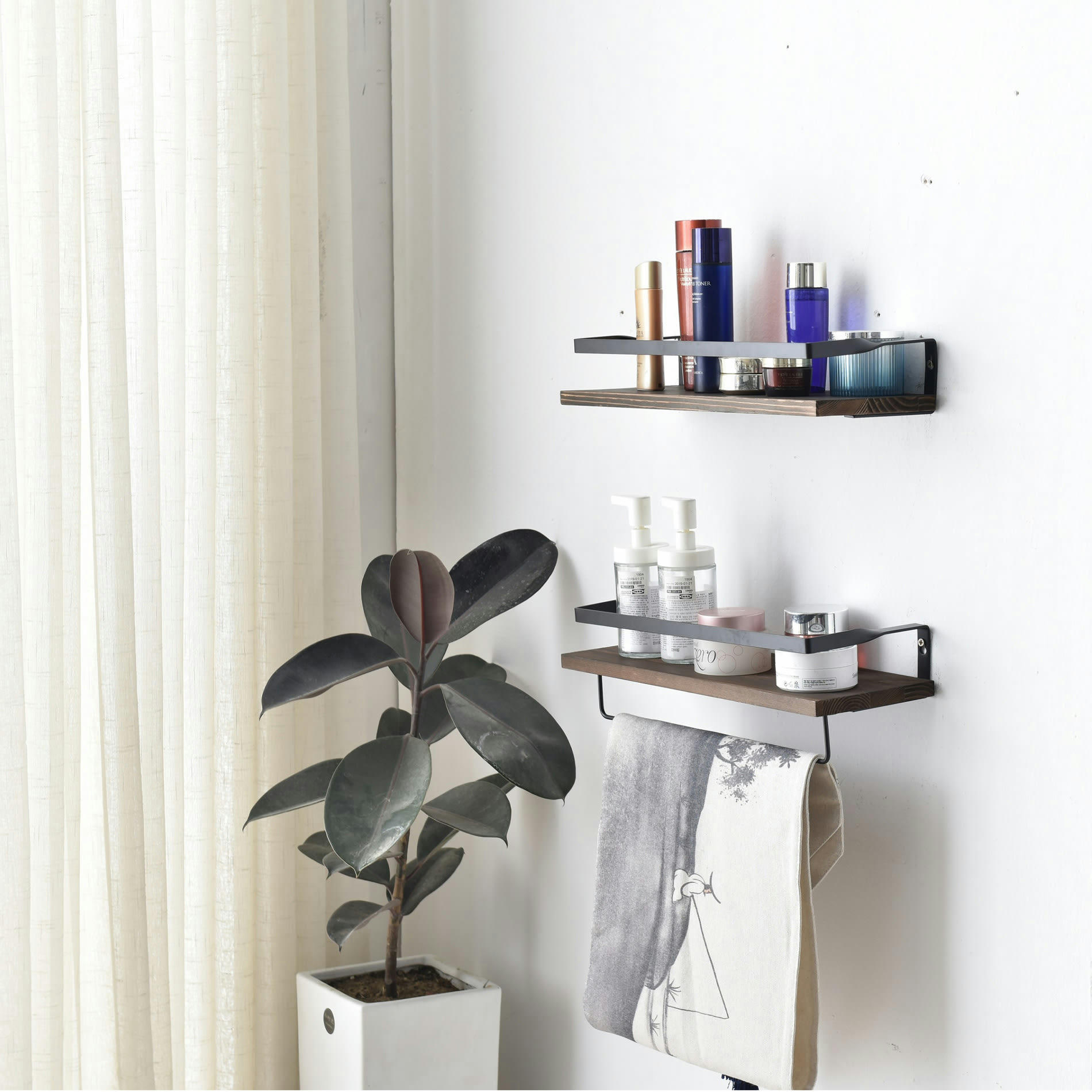 LOFT - Set de 2 étagères murales en paulownia et métal marron et noir