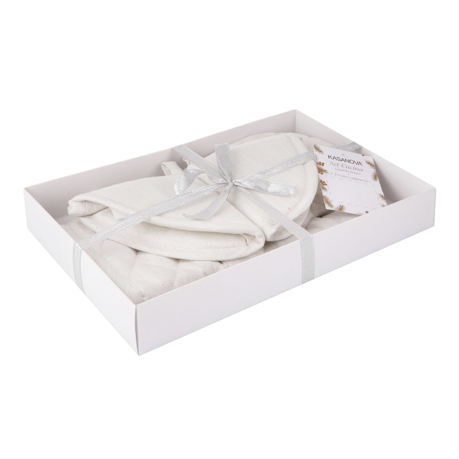 Set guanto e 2 presine Lurex Argento