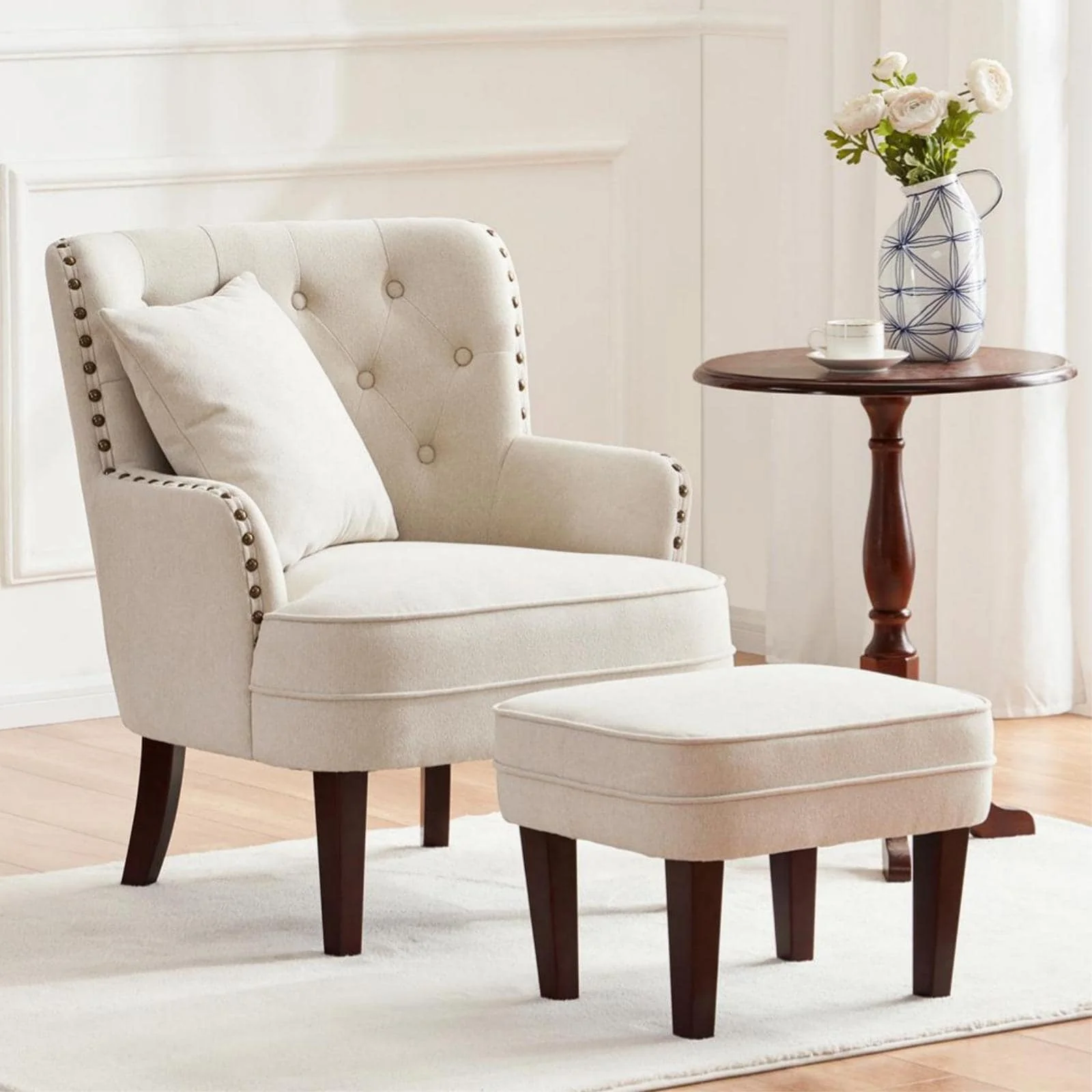 Club Chair Upholstered Button Tufted Accent Chair with Ottoman and Pillow