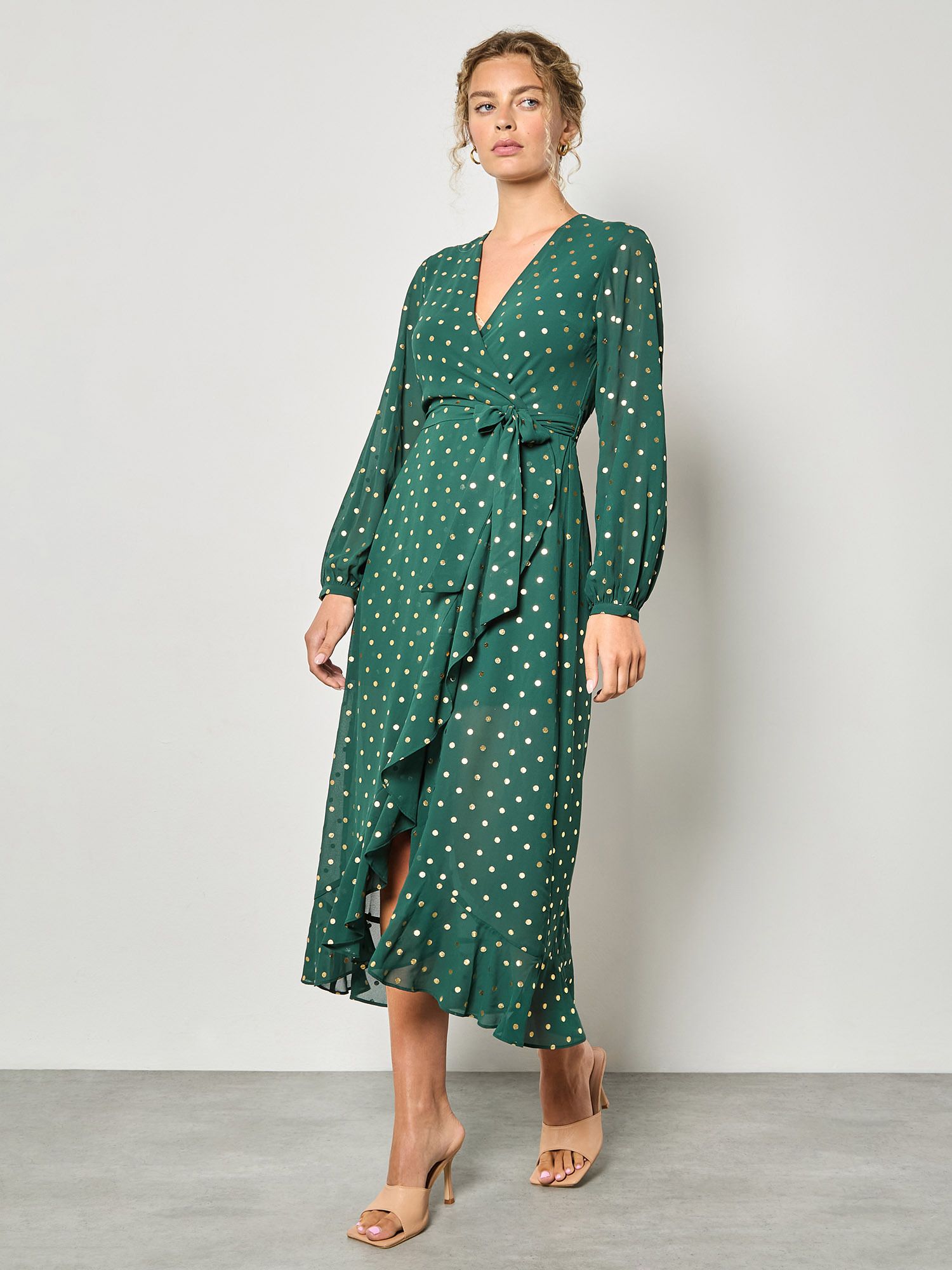 Apricot Gold Foil Polka Dot Chiffon Wrap Dress