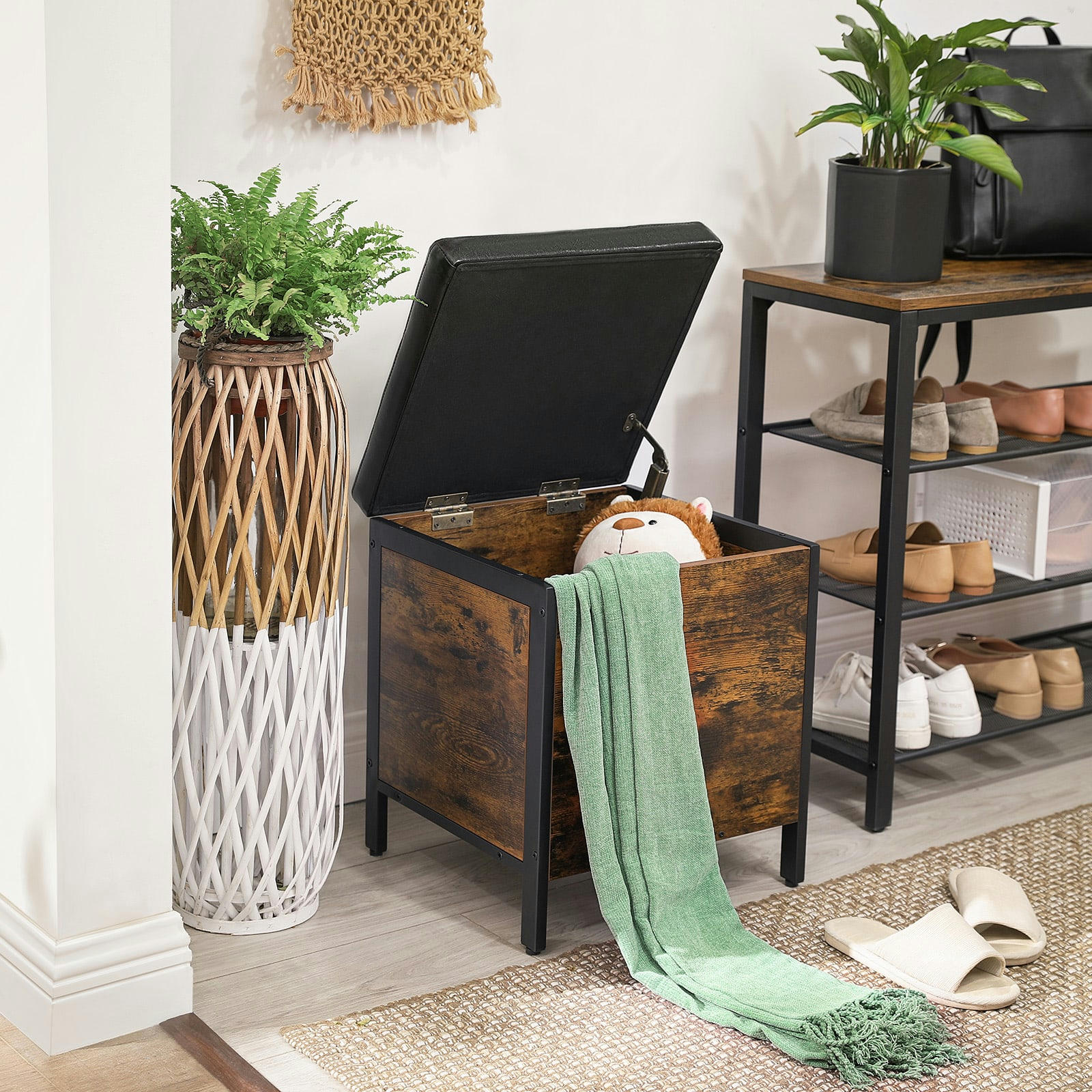 - Banc avec coffre de rangement surface en PU marron rustique et noir