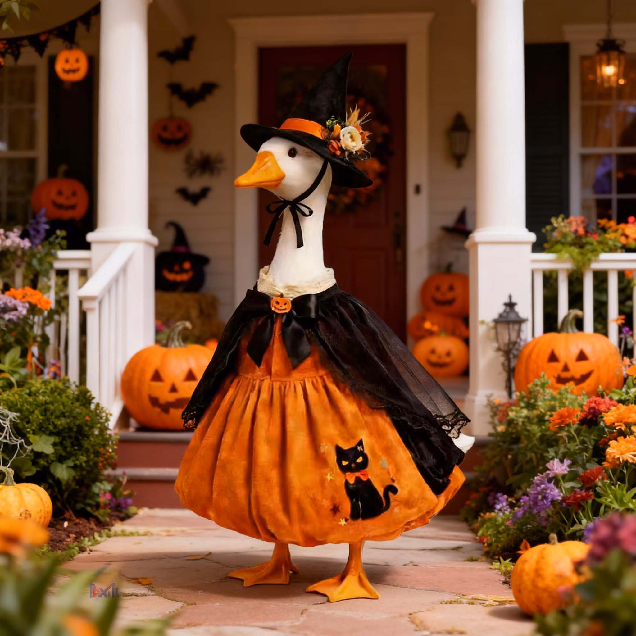 Halloween Pumpkin Porch Goose Costume Set, Fall Lawn Outdoor Outfit, Spooky Patio Yard Decor Fits 23 Inch Cement Porch Goose Statue