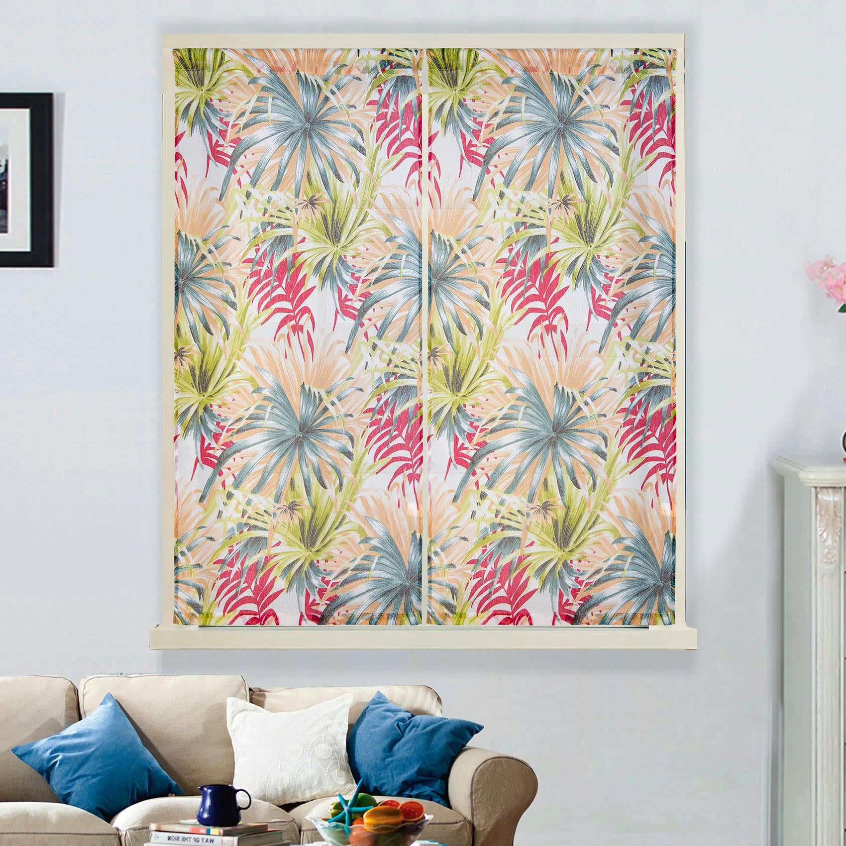 - Paire de vitrages droits au style tropical polyester rouge 60x160 cm