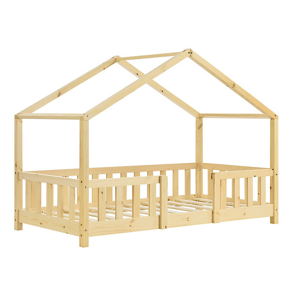 Lit d'Enfant Forme Maison avec Grille de Protection Treviolo 160 x 80 cm Bois Naturel en.casa