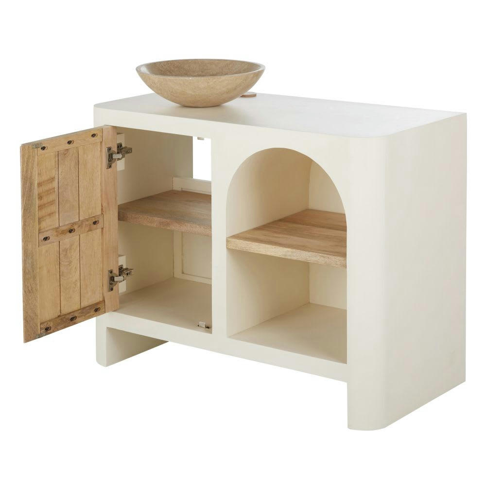 SARTENE - Meuble 1 vasque en bois de manguier beige et blanc crème