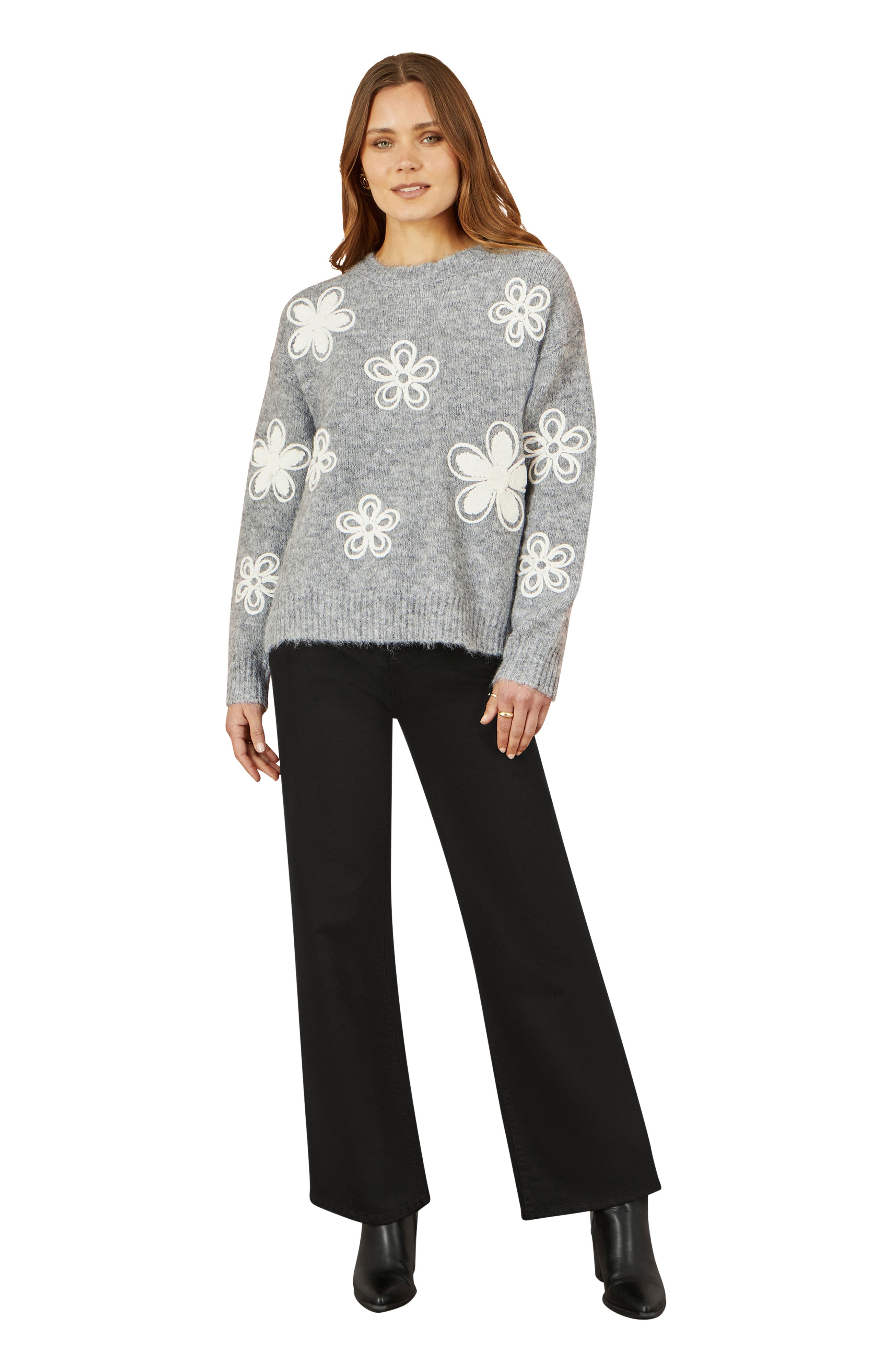 Yumi Grey Relaxed Jumper With Crochet Flowers