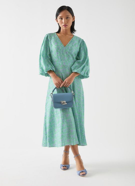 Lola Petite Birch & Green Viscose Blend Blossom Print Jacquard Dress With Statement Sleeve