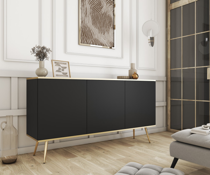 Komoda ORINO 160 cm kolor czarny ze złotymi detalami/złote nóżki