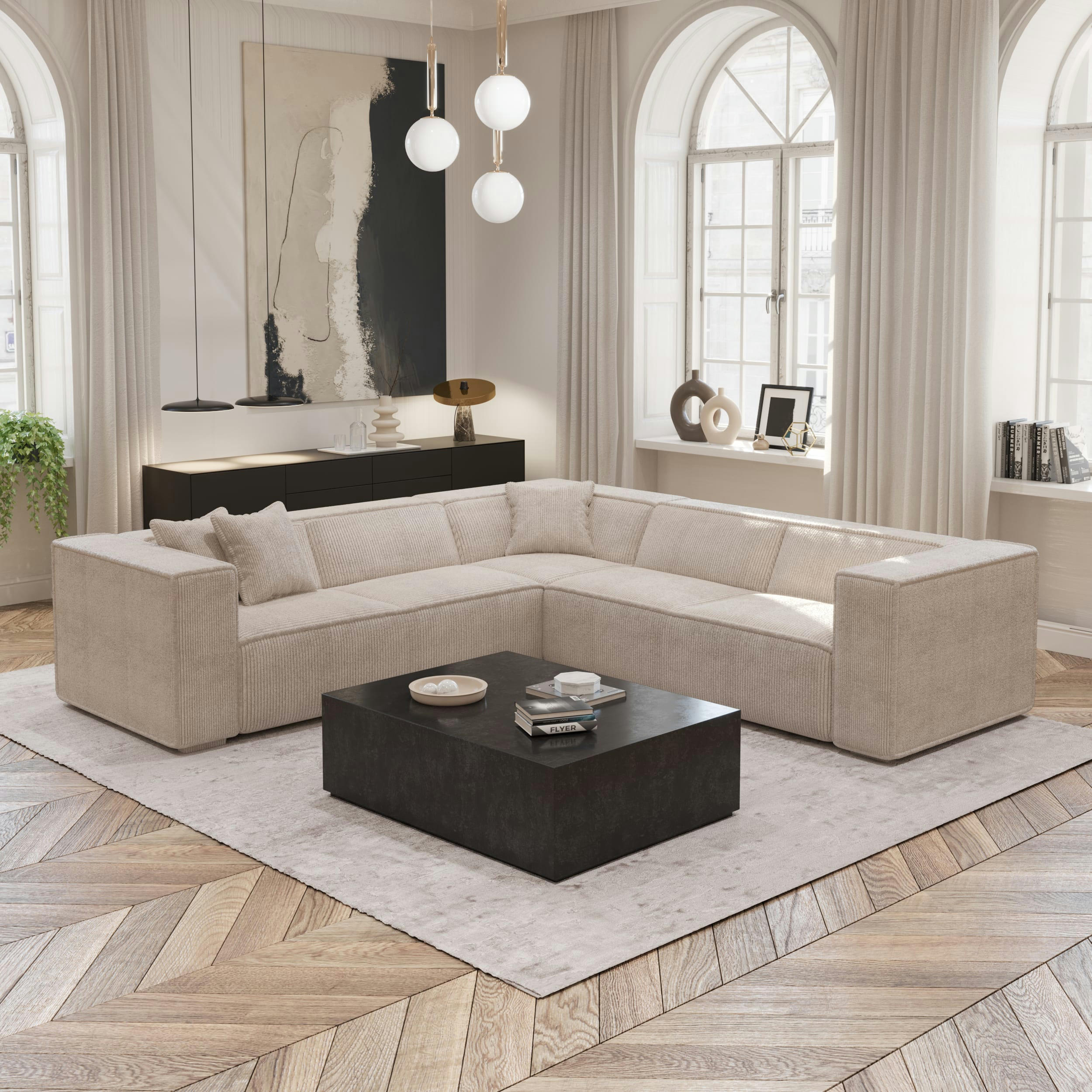 KAYA - Canapé grand angle tissu velours côtelé crème