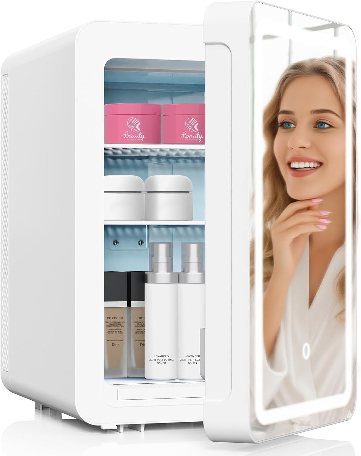 Kikihouse 20L Mini Skincare Fridge with Mirror & LED Lighting, 3-Mode Dimmable, Cooler & Warmer with Drip Tray for Makeup, Cosmetic, Beauty Fridge for Bedroom, Vanity, Car & Home Use