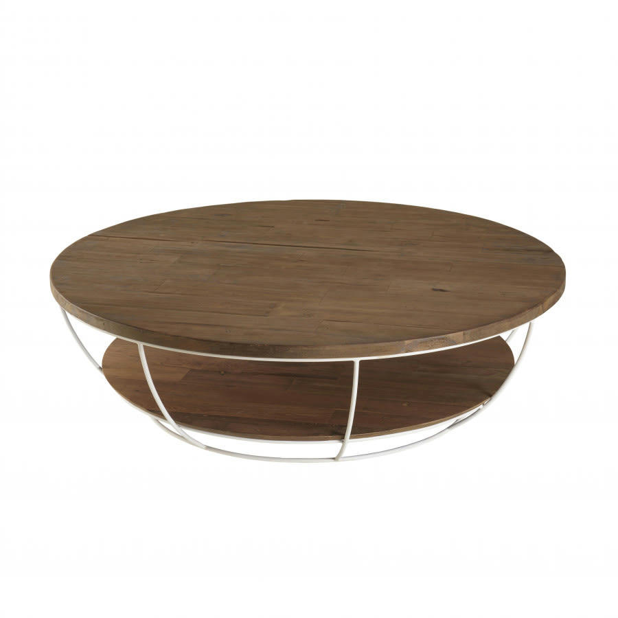 ALIDA - Table basse coque 2 plateaux en teck recyclé métal blanc D120