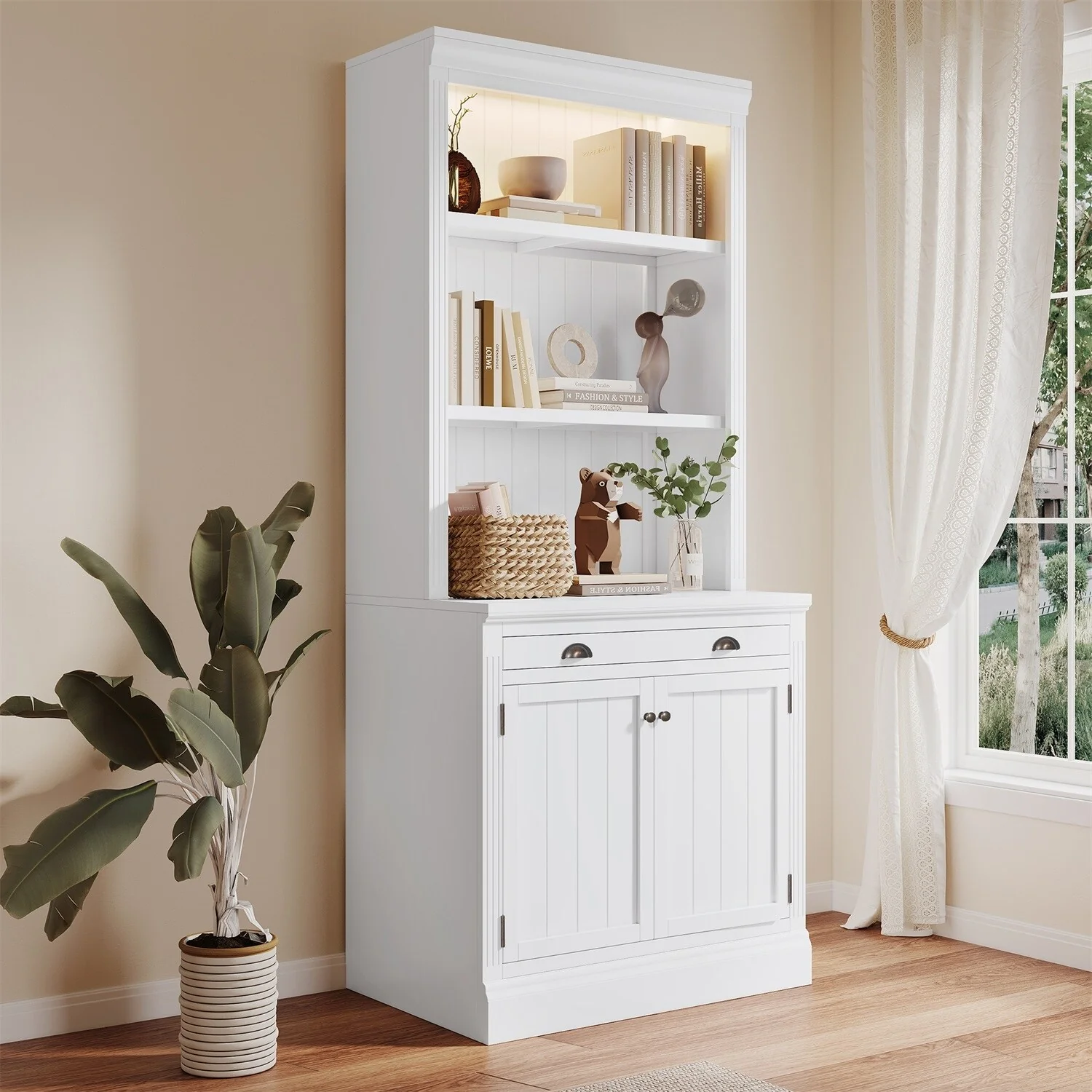 Merax 83.4Tall Bookshelf Suite, Modern Bookcase Suite with LED Lighting, Doors and Drawers