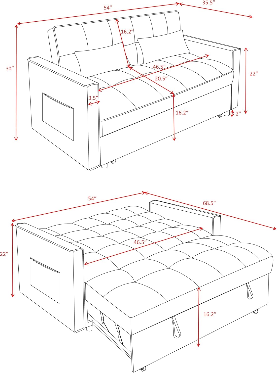 3 in 1 Convertible Sleeper Sofa Bed, Pull Out Couch Loveseat Futon, Adjustable Backrest Velvet Sofa with Pillows and Side Pockets for Living Room Apartment, Grey